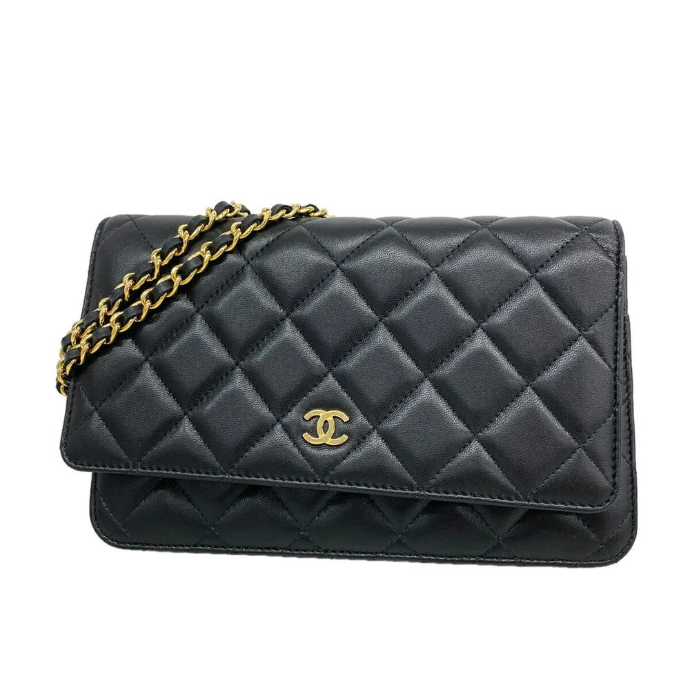 Chanel Matelassé Chain Shoulder Wallet, Lambskin, Black, Women's, OP019715